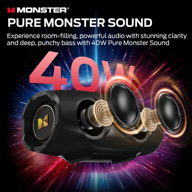 Monster S380 Bluetooth Speaker, Portable Speaker with 40W Stereo Sound, Bluetooth 6.0, 20H Playtime, IPX6 Waterproof, TWS Pairing, Support AUX/TF Card, Wireless Speaker for Outdoor, Travel, Party
