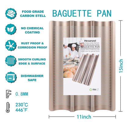 Hesanzol 15" x 11", Carbon Steel 3 Loaf Nonstick Baguette Baking Tray