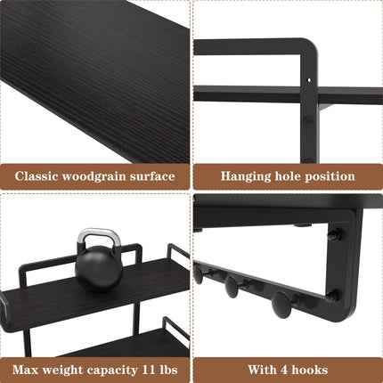 BEAUTME Floating Shelves, 24 Inch 2 Tier Kitchen Shelves Wall Mounted with 4 Hooks, Hanging Wall Shelf for Living Room, Coffee Bar, Bedroom, Bathroom