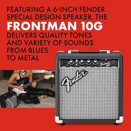 Fender Squier Debut Series Stratocaster Electric Guitar Kit, Beginner Guitar Kit, with Padded Gig Bag, Frontman 10G Amp, Strap, and More, Includes Free Lessons, Black