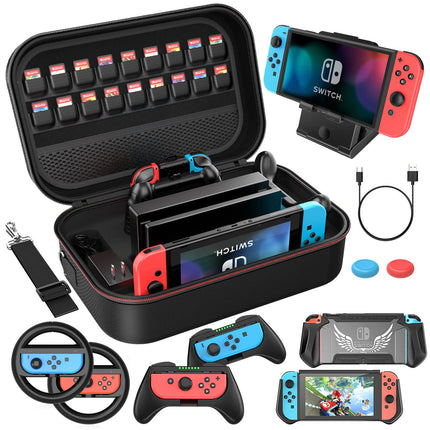 Switch Carrying Case Compatible with Nintendo Switch, 12 In 1 Accessories Bundle for Nintendo Switch with Carrying Case, Protective Case, Screen Protector, PlayStand, Joycon Grip & More (Black)