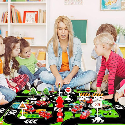 Transport Cargo Airplane Toy-Car Toys for Boys with Large Play Mat, Sounds Buttons Flashing Light,Vehicles Fire Trucks Large Plane 11 Road Signs T47 blue