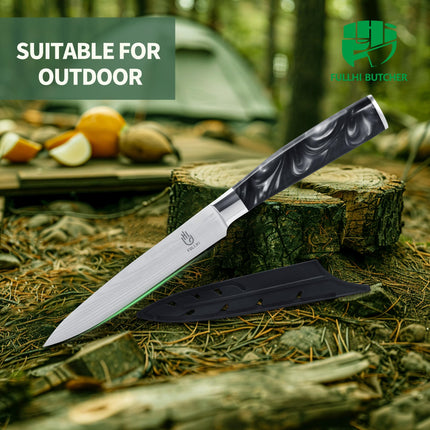 FULLHI 5" Multicolor Japanese Utility Stainless Steel Paring Knife with Sheath Guard, Black Resin