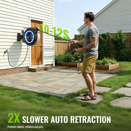 Retractable Hose Reel, 1/2 inch, 100 ft, 180° Swivel Bracket Wall-Mounted, Garden Water Hose Reel with 10 Pattern Nozzle, Auto Slow Rewind, Lock at Any Length, for Garden/Patio