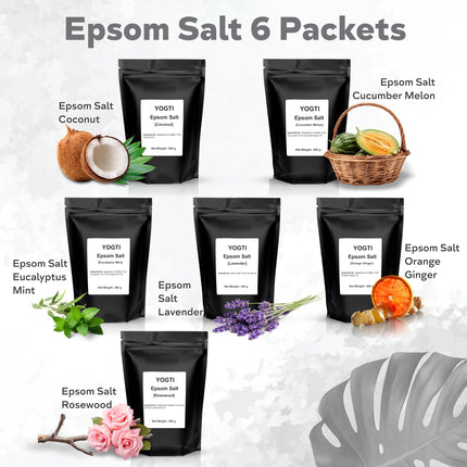 Yogti 6 Pack Epsom Bath Salts 300g each, Body and Foot Soak, Made with Unique Oils Eucalpytus Mint, Rosewood, Cucumber Melon, Coconut, Orange Ginger and Lavender - 1 Set