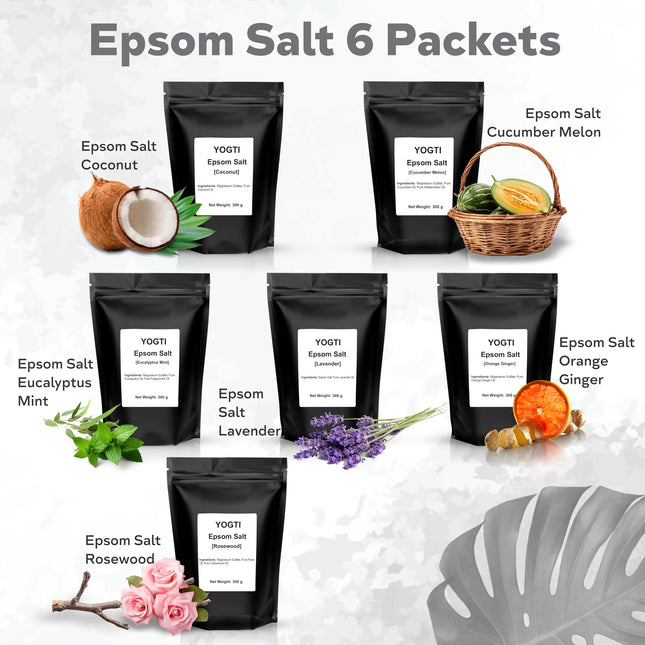Yogti 6 Pack Epsom Bath Salts 300g each, Body and Foot Soak, Made with Unique Oils Eucalpytus Mint, Rosewood, Cucumber Melon, Coconut, Orange Ginger and Lavender - 1 Set