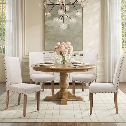 Upholstered Fabric Dining Chair Diner Kitchen Parsons Modern Stylish High Back with Bronze Nailhead Trim, Set of 2, Oat Beige
