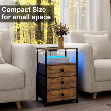 GiftGo Nightstand with Charging Station Led Light and 3 Fabric Drawers- #C1