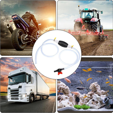 Guiqulai Siphon Pump Kit of 7 Pcs, Fuel Transfer Pump for Gasoline Gas Fluid Fuel Fish Tank, Manual Hand Pump with 2 M Siphon Hose Airbag, Stop Valve, Hose Fastener