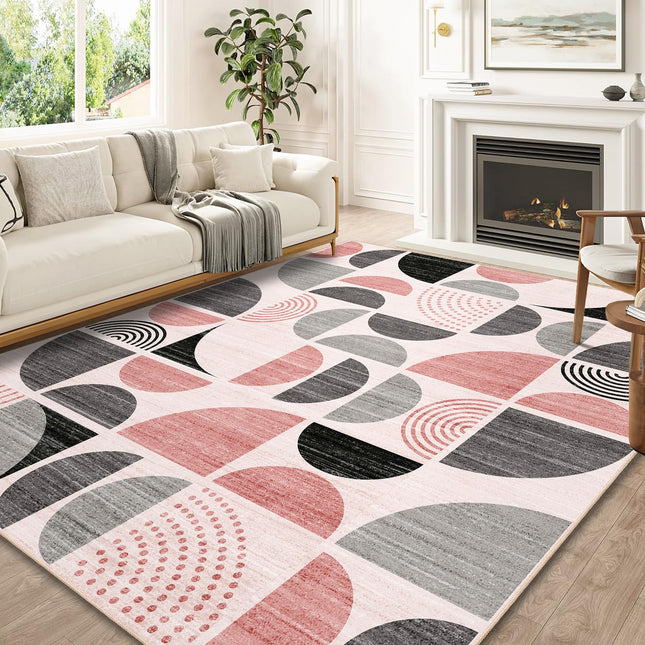MUJOO Pink Washable Rugs 8x10',Boho Area Rugs for Living Room Bedroom,Large Throw Floor Carpet Non Slip Soft Modern Abstract Pink and Grey