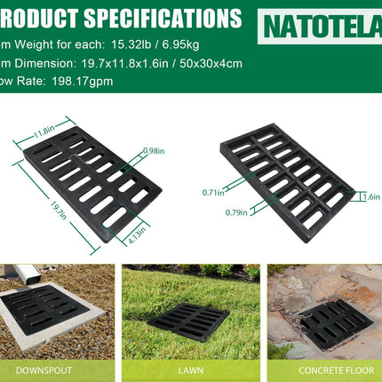 Natotela Fiberglass Cacth Basin Grate-20x12in Square Outdoor Drain Grate for Concrete Cacth Basin,Durable Flat Drainage Grate for Downspout Sewer Lawn Yard Lawn Patio Inlet(19.7x11.8in)