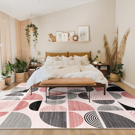MUJOO Pink Washable Rugs 8x10',Boho Area Rugs for Living Room Bedroom,Large Throw Floor Carpet Non Slip Soft Modern Abstract Pink and Grey