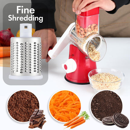 ANCEVSK Rotary Cheese Grater Shredder, Speed Kitchen Manual Round Mandolin Slicer Safe Grinder with 3 Interchangeable Blades for Nuts, Carrot, Hashbrown, Garlic, Walnut, Potato, Chocolate, Red