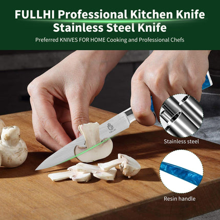 FULLHI 5" Japanese Utility Paring Stainless Steel Knife with Sheath Guard, Blue Resin