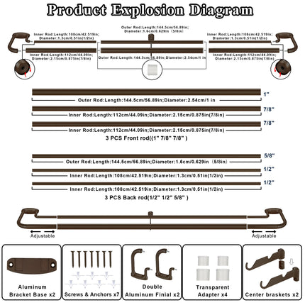 Mayrhyme Dark Bronze Double Curtain Rods for Windows 84-134 Inches,1 Inch Adjustable Double Wrap Around Blackout Curtain Rod with Aluminum Finials and Brackets