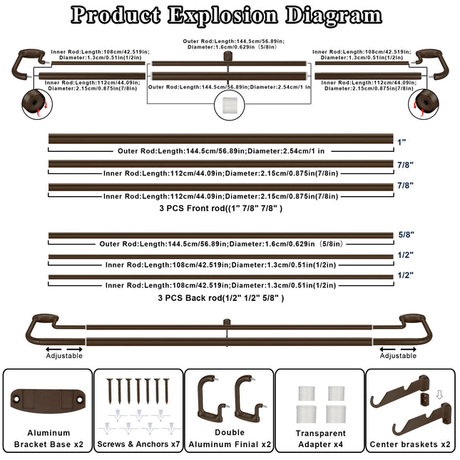 Mayrhyme Dark Bronze Double Curtain Rods for Windows 84-134 Inches,1 Inch Adjustable Double Wrap Around Blackout Curtain Rod with Aluminum Finials and Brackets
