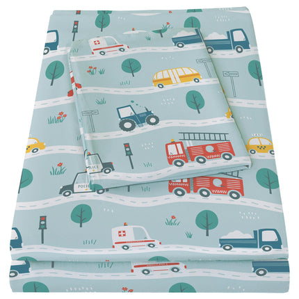 Bedmoon Boys Twin Single Sheets, Kids Car Truck Soft Microfiber Twin Sheets & Pillowcases with Elastic Corner Straps, Tint