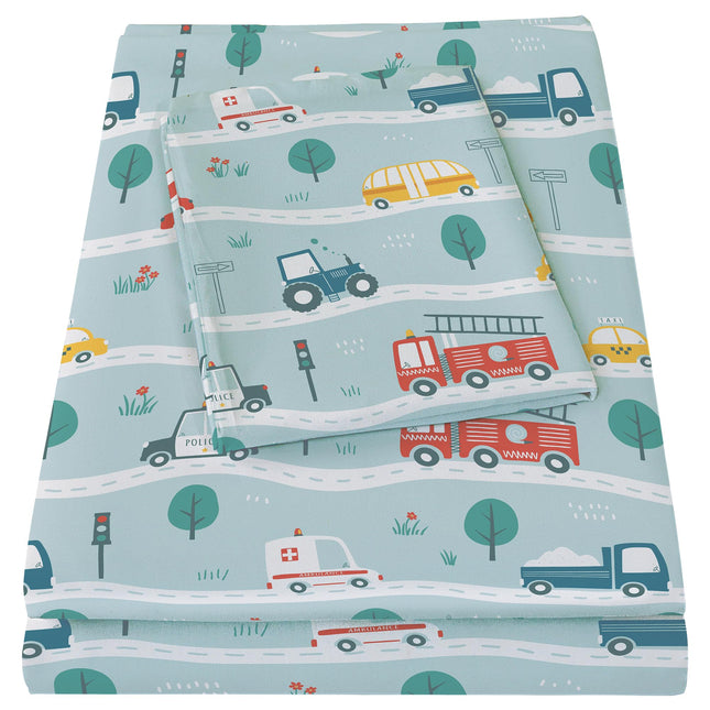 Bedmoon Boys Twin Single Sheets, Kids Car Truck Soft Microfiber Twin Sheets & Pillowcases with Elastic Corner Straps, Tint