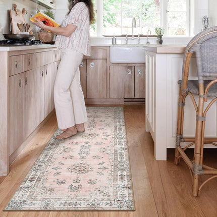 Lahome Boho Pink Runner Rugs for Hallway, 2'6"x8 Washable Floral Kids Girls Kitchen Bathroom Runner Rug for Laundry Mat, Non Slip Indoor Carpet Runners for Bedroom Floor Entryway, Peach