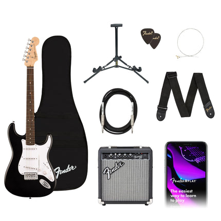 Fender Squier Debut Series Stratocaster Electric Guitar Kit, Beginner Guitar Kit, with Padded Gig Bag, Frontman 10G Amp, Strap, and More, Includes Free Lessons, Black