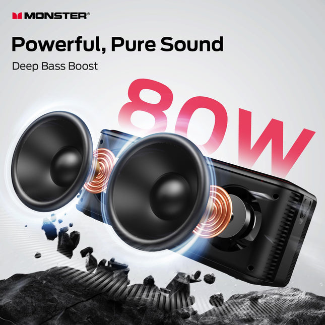 Monster Shock Pro Bluetooth Speaker with Baldric, 80W Loud Speaker with Deep Bass, Portable Wireless Speaker with TWS, Long Playtime & Waterproof for Outdoors/Indoors, Supports AUX/TF Card/USB Audio