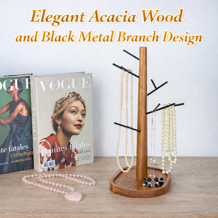 【Elegant & Sturdy】 Black Metal Jewelry Stand with Acacia Wood Tray | Necklace & Bracelet Holder | Minimalist Jewelry Organizer for Vanity, Bathroom & Retail Display | 34 cm Tall