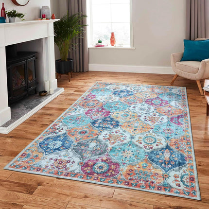 Mandala 3x5 Washable Area Rug – 3 x 5 Non-Slip, Stain Resistant, Durable Polyester Small Rug for Bedroom, Living Room, Kitchen, and Entryway Decor – Modern Rug with Rubber Backing - Orange & Multi