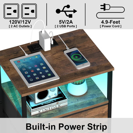 GiftGo Nightstand with Charging Station Led Light and 3 Fabric Drawers- #C1