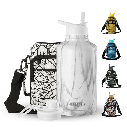 Thermosis 64oz Insulated Stainless Steel Water Bottle with Straw & Holder Strap & 2 Lids, White Marble