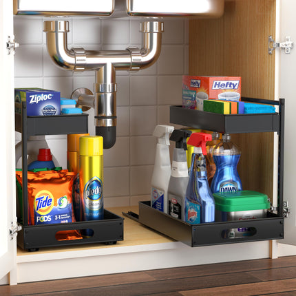 Sorbus Under Sink Organizer with Sliding Tracks and Adhesive Tape - 2-Tier Pull-Out Storage Rack for Kitchen and Bathroom - No Drill Under Sink Organization Storage Cabinet Shelf