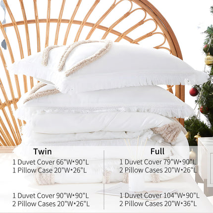 Rvciby Boho Leaf Duvet Cover Twin Size Soft Microfiber Bedding Set with Tassel and Tufted Pattern,2 Pieces,1 Duvet Cover with Zipper Closure & Corner Ties and 1 Pillow Sham,66X90 Inches (White)