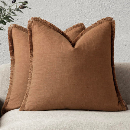 Foindtower 24×24" Set of 2 Linen Fringe Throw Boho Farmhouse Cushion Cover with Tassels for Couch Sofa Bed, Orange Brown X004E7NZPD