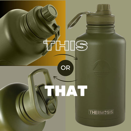 Thermosis 64oz Insulated Stainless Steel Water Bottle with Straw & Holder Strap Includes 2 Lids, Army Green