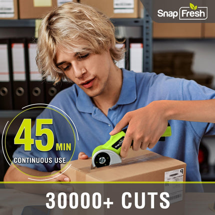 SnapFresh 4V Cordless Electric Scissors-Rechargeable Rotary Box Cutter w/ 2.0Ah Battery, 2 Self-Sharpening Blades, 285RPM,LED & Safety Lock, Carpet Cutter Tool for Cardboard, Fabric, Leather, Plastic