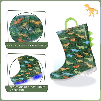 EUXTERPA Toddler Kids Light-Up Rain Boots, Green Dinosaur, Toddler Size 6