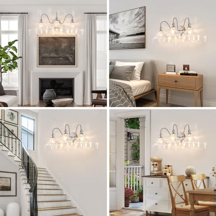 BrkNit Vintage Bathroom Light Fixtures Over Mirror, 3-Light Brushed Nickel Wall Sconce Lighting with Flower Glass Shade, Farmhouse Vanity Lights for Bedroom Kitchen Living Room Hallway Light
