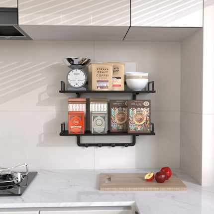 BEAUTME Floating Shelves, 24 Inch 2 Tier Kitchen Shelves Wall Mounted with 4 Hooks, Hanging Wall Shelf for Living Room, Coffee Bar, Bedroom, Bathroom