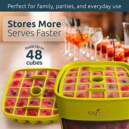 COZYTO CubeGo Ice Cube Tray with Lid and Storage Bin – One-Press Release, 48 Mini Ice Cubes, BPA-Free, Odor-Proof, Includes Scoop – DIY Fruit Ice for Cocktails, Drinks & Smoothies (Avocado Green)