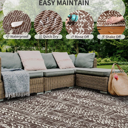 Outdoor Rug 5x8' Waterproof Outdoor Carpet Reversible Patio Rug Portable Camping Rug Modern Abstract Plastic Straw RV Rug for Picnic Beach Balcony Pool Deck Foldable Rug Brown Beige