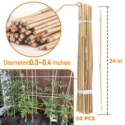 Sinimaka 50Pcs 0.32'' D Thicker Bamboo Plant Stakes for Indoor Outdoor Plants, 2FT Plant Stakes, Natural Garden Stakes for Tomato, Bean, Flowers,Trees Potted and Climbing Plant Support