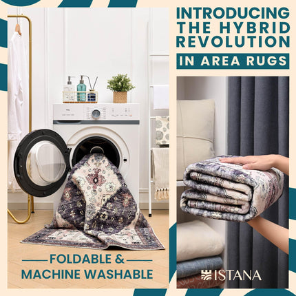 Istana Rugs 8x10 - Dark Grey Blue/Rose Mauve Bedroom Rug - Foldable Area Rug - Stain Resistant Dining Room 8x10 Rugs - Easy to Clean 8 x 10 Soft Area Rugs - 8 by 10 Area Rugs