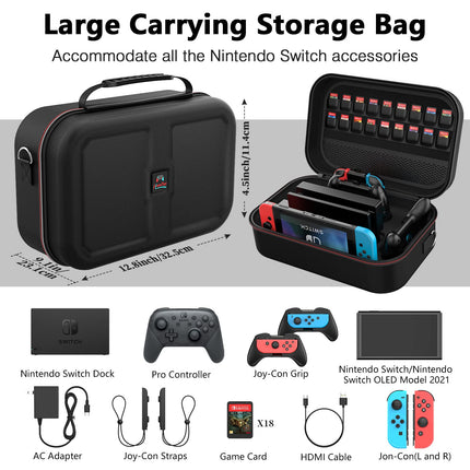 Switch Carrying Case Compatible with Nintendo Switch, 12 In 1 Accessories Bundle for Nintendo Switch with Carrying Case, Protective Case, Screen Protector, PlayStand, Joycon Grip & More (Black)