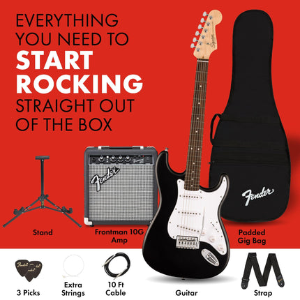 Fender Squier Debut Series Stratocaster Electric Guitar Kit, Beginner Guitar Kit, with Padded Gig Bag, Frontman 10G Amp, Strap, and More, Includes Free Lessons, Black
