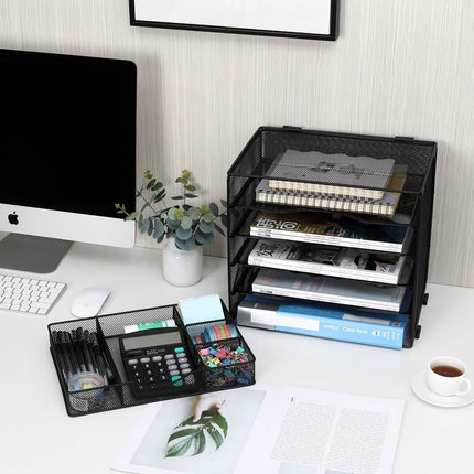EasyPAG Desk File Organizer 5-Tier Mesh Desk Organizers and Storage Desk Accessories with Drawer Paper Tray Organizer,Black