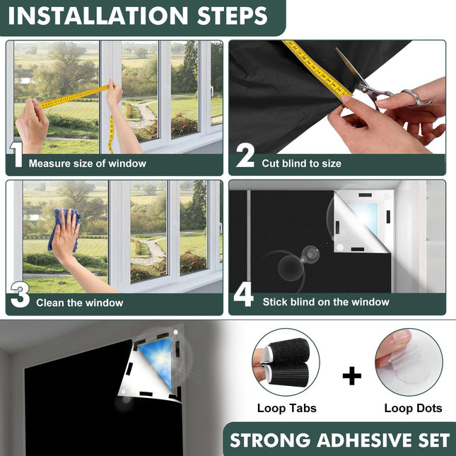 Funkoiteer Blackout Blind Curtain 350x145 cm 100% Blackout Blinds for Window, Portable Blackout Shades Film with Hook & Loop Tabs Fits Any Window Size for Bedroom Nursery Loft Travel RV Car, No Drill