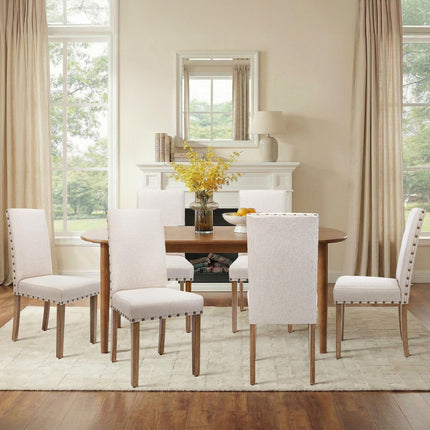 Upholstered Fabric Dining Chair Diner Kitchen Parsons Modern Stylish High Back with Bronze Nailhead Trim, Set of 2, Oat Beige