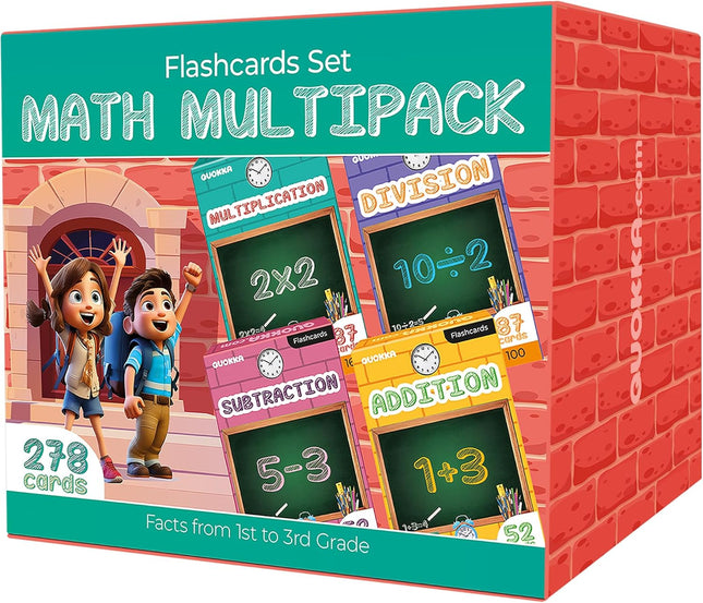 QUOKKA Vine Set of 4 Learning Flash Cards - Math Multipack - 278 Cards - from 1st to 3rd Grade | Multiplication | Division | Substruction | Addition