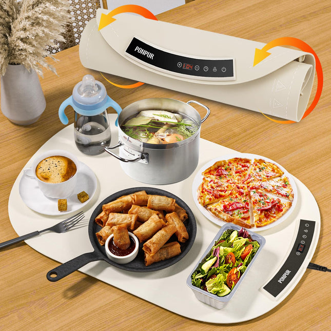 PONPUR Food Warming Mat with 7 Adjustable Temperature, Food Warmer Mat, Electric Heating Tray for Buffet, 1 2 4 H Timing Function, Roll Up Hot Mat for Countertop, Parties, Family Meals