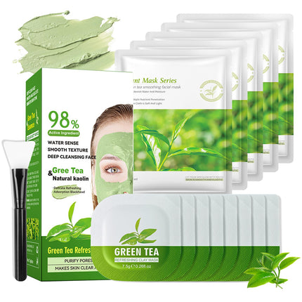 SALDOER 5PCS Green Tea Face Sheet Mask + 8PCS Green Tea Clay Mask Set, Oil Control Deep Cleansing Green Tea Clay Mask with Brush for All Skin Types
