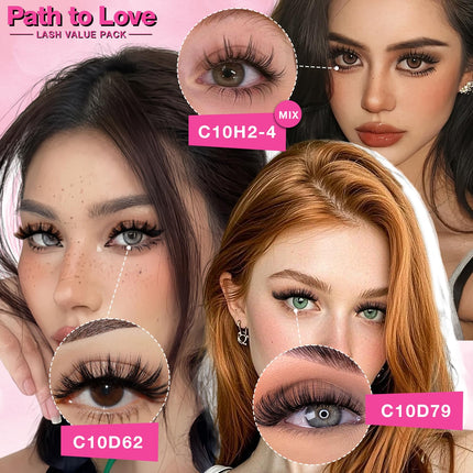 Path to Love 10 Pairs false eyelashes,Mix 10 Style natural volume lashes strips Dramatic Cat Eye Faux Mink Fake Lash Thin Band Extensions Waterproof Easy Eyelashes for Beginners